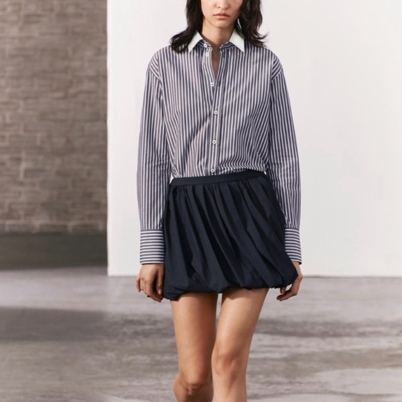 Zara women’s Striped Long Sleeve Button-Up Shirt Black Size M - Picture 2 of 9